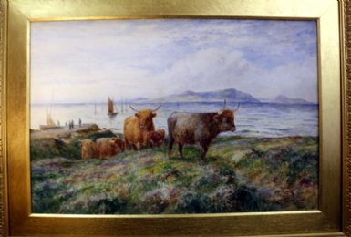 Watercolour-Cattle by the shore -S Q Howard