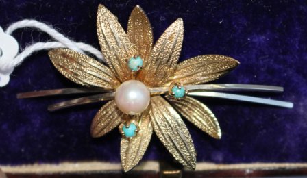 Gold,Turquoise & Pearl Brooch
