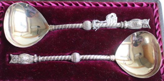 Pr Cased Silver Plated Owl Finial Spoons