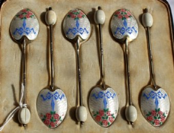 Set of 6 Silver & Enamel Coffee Spoons